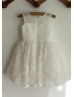 Sheer Neck Ivory Organza Rosette Short Flower Girl Dress